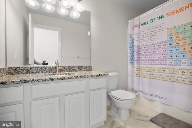 bathroom with vanity, toilet, a shower with shower curtain, and marble finish floor
