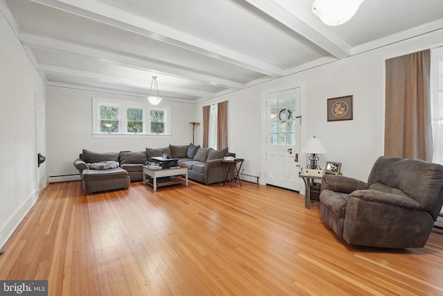 535 Winchester St, Warrenton, VA 20186 - living area featuring a baseboard heating unit, light wood-style flooring, baseboards, beamed ceiling, and a baseboard radiator
