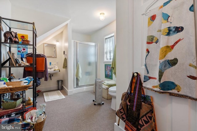 full bathroom featuring baseboards, a sink, toilet, and a shower stall
