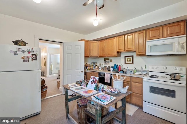kitchen with light carpet, white appliances, ceiling fan, light countertops, and a sink