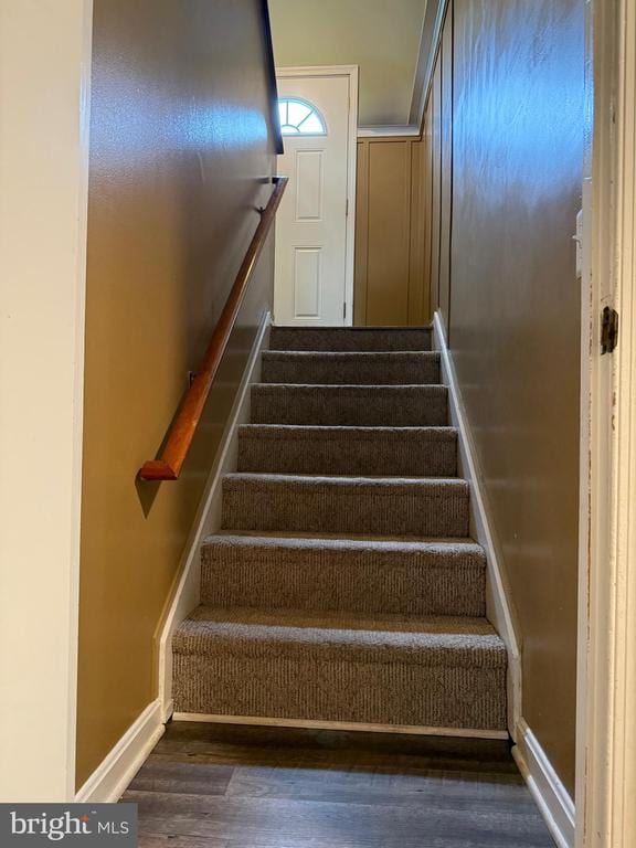  - staircase with wood finished floors and baseboards