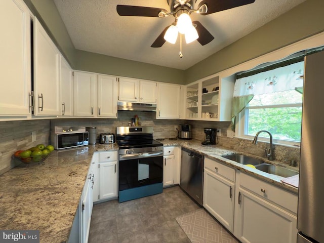  - kitchen with electric stove, dishwashing machine, black microwave, a sink, and under cabinet range hood