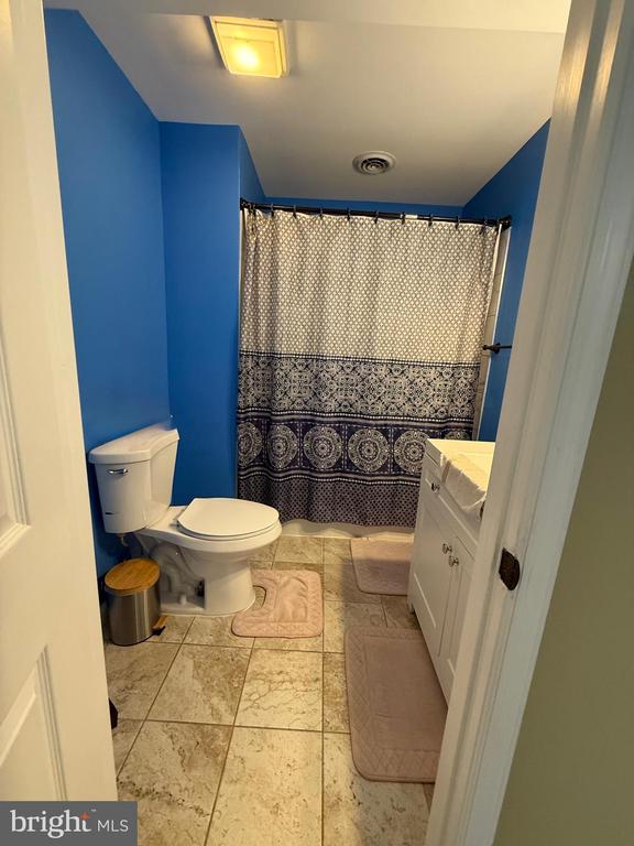 - bathroom with toilet, vanity, and curtained shower
