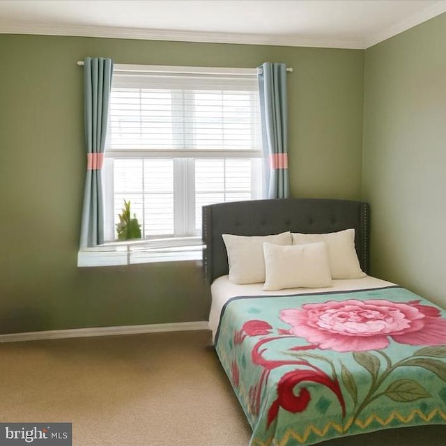  - bedroom with multiple windows, carpet, crown molding, and baseboards