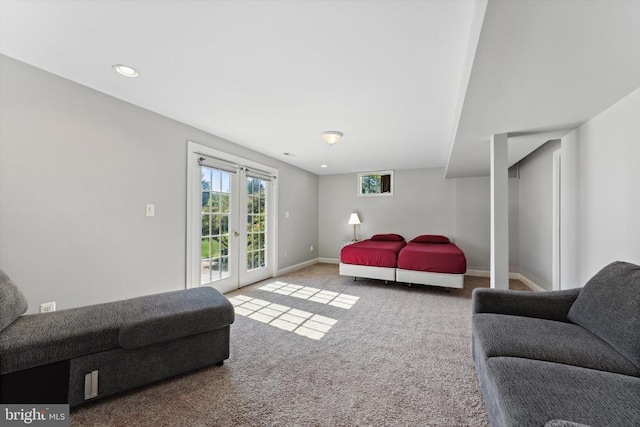 living area with french doors, carpet flooring, baseboards, and recessed lighting