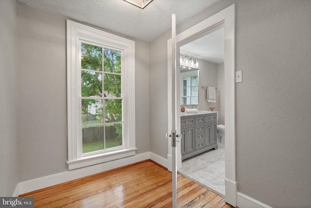 105 E Washington St, Remington, VA 22734 - bathroom with vanity, hardwood / wood-style floors, a textured ceiling, and a textured wall