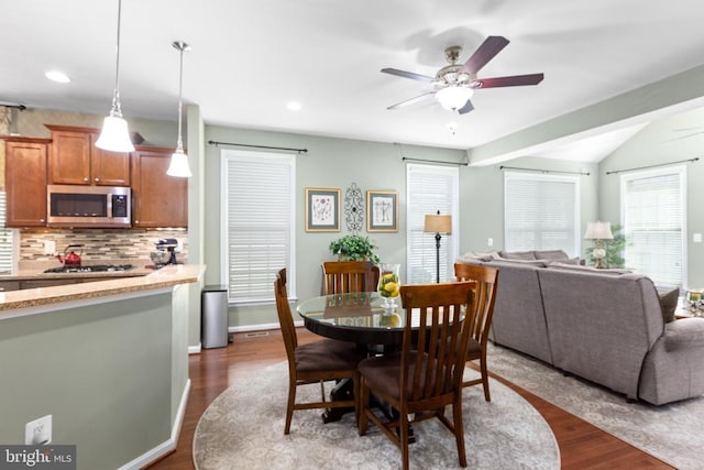 6020 E Greenbrier River Rd E, Fredericksburg, VA 22407 - dining area with ceiling fan, dark wood-style floors, healthy amount of natural light, vaulted ceiling, and recessed lighting