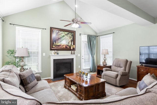 6020 E Greenbrier River Rd E, Fredericksburg, VA 22407 - living area featuring ceiling fan, wood finished floors, a fireplace with flush hearth, baseboards, and high vaulted ceiling