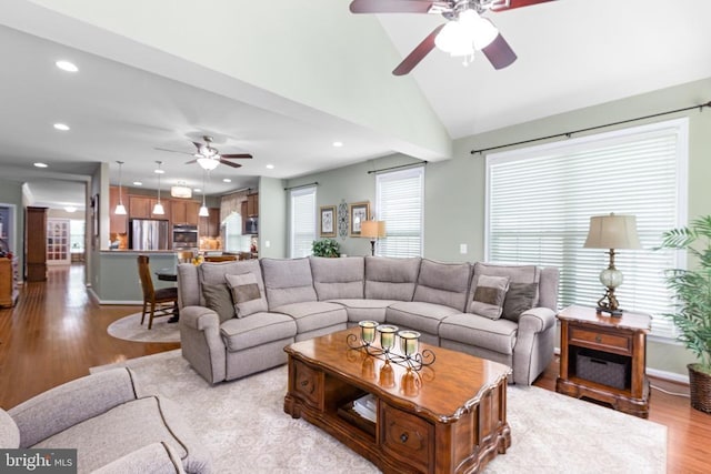 6020 E Greenbrier River Rd E, Fredericksburg, VA 22407 - living area with ceiling fan, wood finished floors, recessed lighting, lofted ceiling, and baseboards