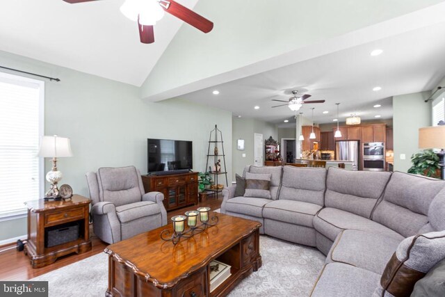 6020 E Greenbrier River Rd E, Fredericksburg, VA 22407 - living area featuring ceiling fan, light wood-style floors, recessed lighting, a towering ceiling, and baseboards