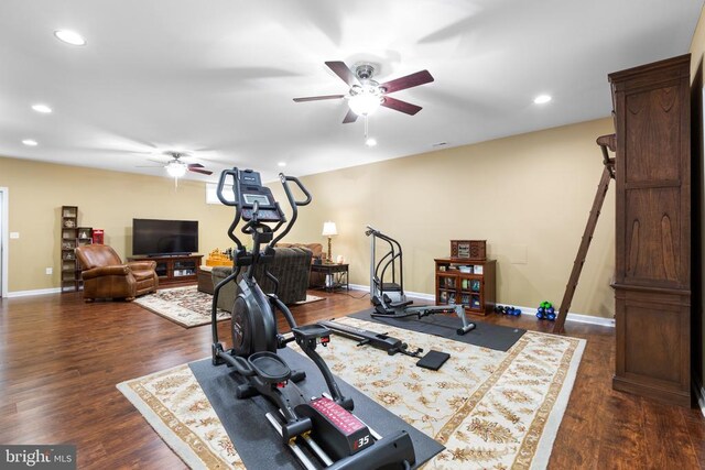 6020 E Greenbrier River Rd E, Fredericksburg, VA 22407 - workout area featuring ceiling fan, baseboards, recessed lighting, and dark wood-style floors