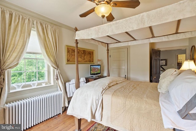  - bedroom with radiator heating unit, wood finished floors, ornamental molding, and ceiling fan