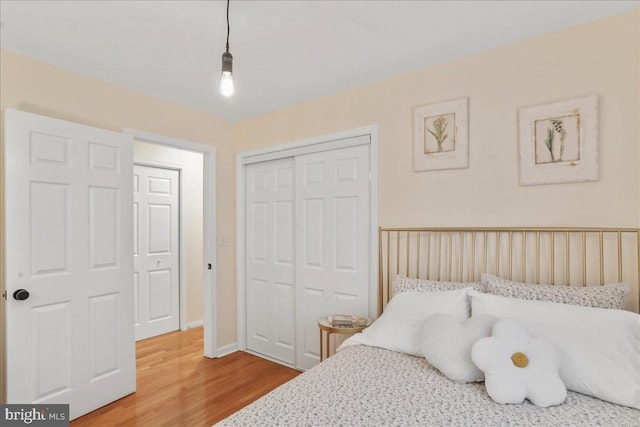  - bedroom featuring wood finished floors and a closet