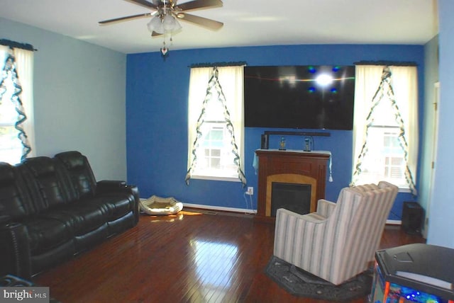 - living room with hardwood / wood-style floors, a fireplace, and a ceiling fan