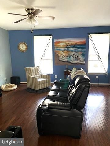  - living room featuring ceiling fan, wood finished floors, and healthy amount of natural light