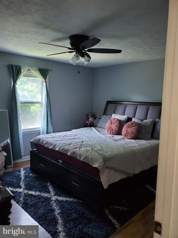  - bedroom with wood finished floors, a textured ceiling, and a ceiling fan