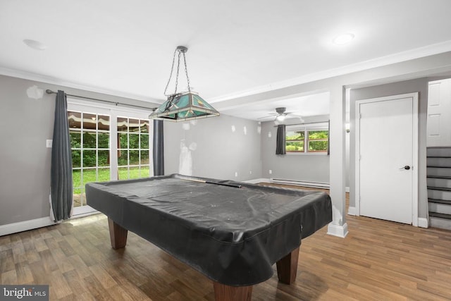 221 Hampton Dr, Spotsylvania, VA 22551 - rec room featuring a baseboard radiator, crown molding, wood finished floors, a ceiling fan, and billiards table