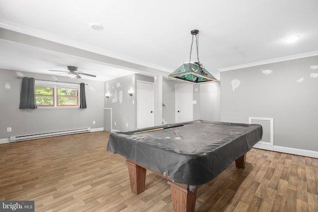221 Hampton Dr, Spotsylvania, VA 22551 - rec room featuring baseboard heating, light wood-type flooring, a ceiling fan, billiards table, and crown molding