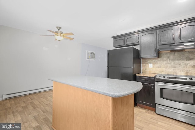 221 Hampton Dr, Spotsylvania, VA 22551 - kitchen featuring stainless steel range with electric cooktop, baseboard heating, freestanding refrigerator, under cabinet range hood, and decorative backsplash