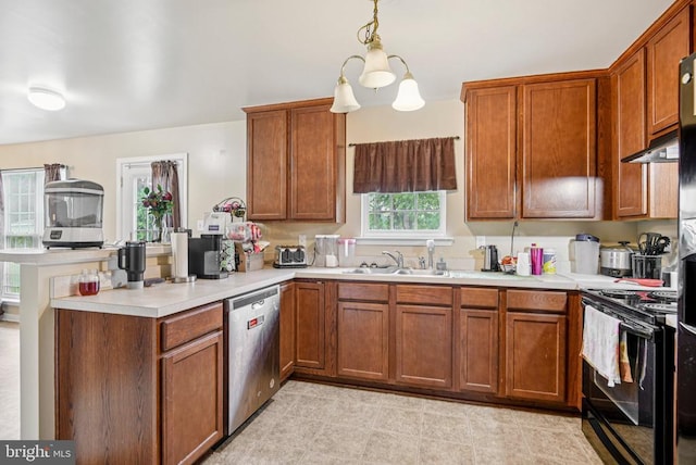  - kitchen featuring stainless steel dishwasher, black electric range, a peninsula, light countertops, and brown cabinets