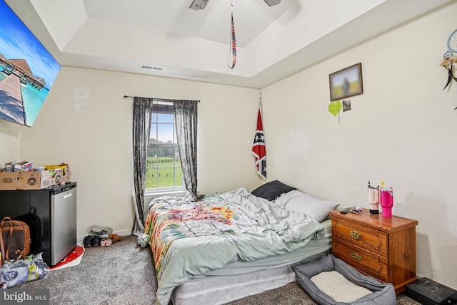  - carpeted bedroom with a tray ceiling