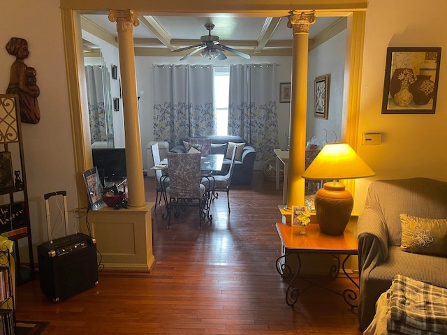 living room with coffered ceiling, ceiling fan, beamed ceiling, decorative columns, and dark hardwood / wood-style floors