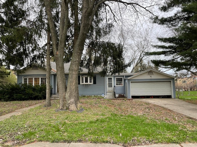 single story home with a front lawn and a garage