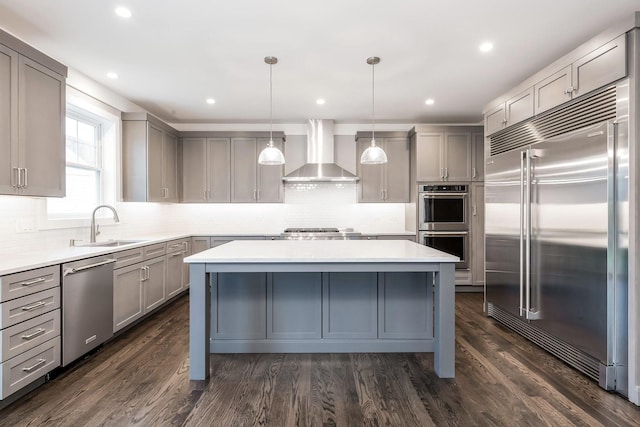 kitchen featuring dark hardwood / wood-style floors, wall chimney exhaust hood, and appliances with stainless steel finishes