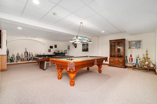 recreation room with billiards, a paneled ceiling, and carpet flooring