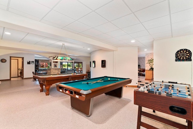 game room featuring billiards and a drop ceiling