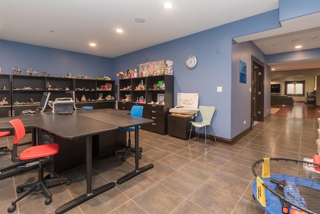 office with dark tile flooring