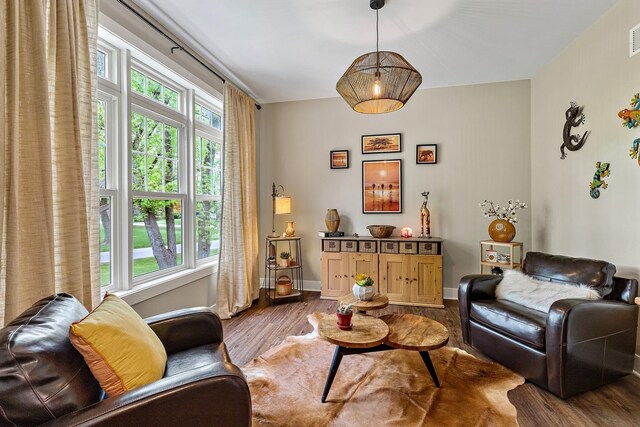 living area featuring wood finished floors, a wealth of natural light, and baseboards