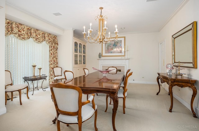 dining area featuring light carpet, crown molding, and an inviting chandelier