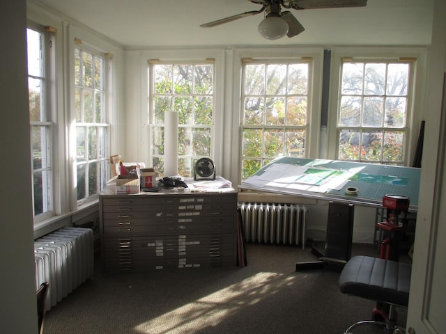 sunroom with plenty of natural light, ceiling fan, and radiator