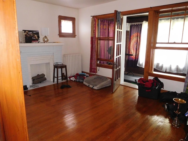 exercise area featuring radiator heating unit, a brick fireplace, and hardwood / wood-style flooring