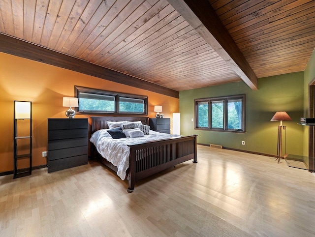 bedroom featuring beam ceiling, light hardwood / wood-style floors, and wooden ceiling