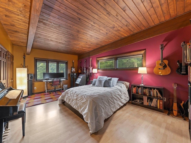 bedroom with wooden ceiling, light hardwood / wood-style floors, and beam ceiling