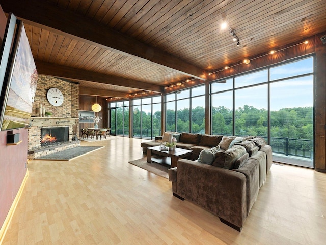 living room featuring a fireplace, track lighting, wooden ceiling, and light wood-type flooring