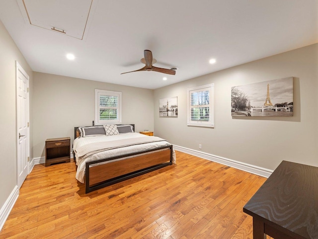 bedroom featuring ceiling fan and light wood-type flooring