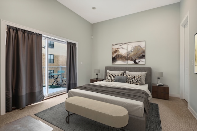 bedroom featuring access to outside, light carpet, and multiple windows