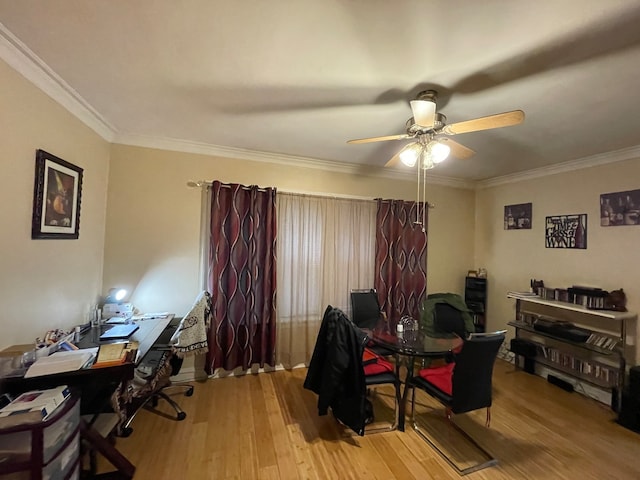 interior space featuring ornamental molding, ceiling fan, and light wood-type flooring