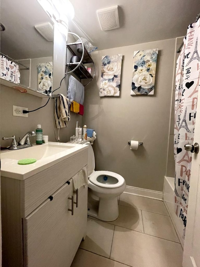 full bathroom with shower / tub combo, tile floors, large vanity, and toilet