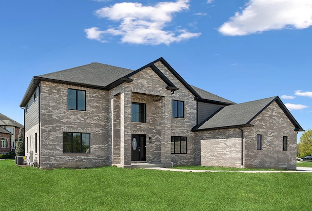 french country home featuring brick siding, cooling unit, a front lawn, and a shingled roof
