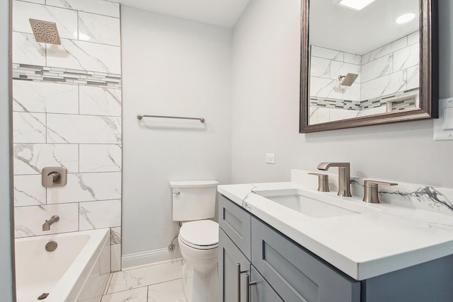 full bathroom featuring marble finish floors, toilet, vanity, baseboards, and  shower combination