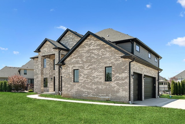 view of front of house featuring concrete driveway, a garage, a front yard, and brick siding