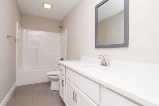 full bathroom with bathtub / shower combination, tile floors, toilet, and vanity