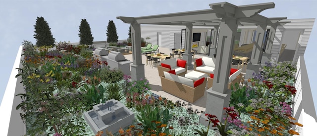 exterior space with a pergola and an outdoor hangout area