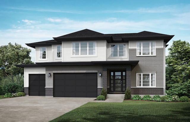 prairie-style home featuring a front yard and a garage