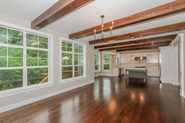 unfurnished living room featuring dark hardwood / wood-style flooring, a notable chandelier, sink, and beamed ceiling