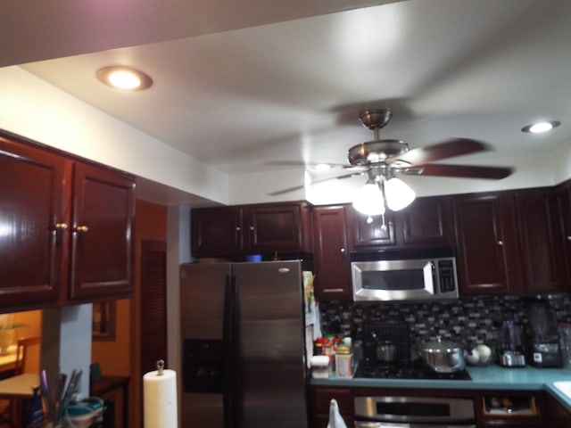 kitchen featuring wall oven, ceiling fan, fridge with ice dispenser, black electric cooktop, and tasteful backsplash